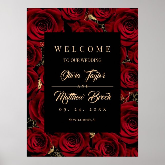 Rosor Mörkt Guld Burgunder Välkomstbröllopsskylt Poster (Framsidan)