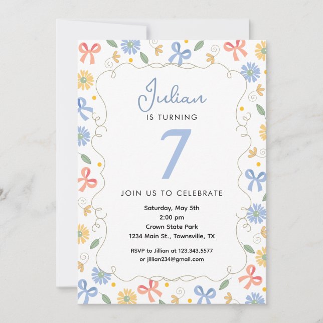 Rosor och blommor Söt födelsedagsinbjudan Blå Inbjudningar (Framsida)