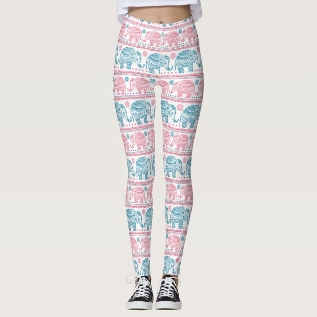 Rosor och etniskt elefantmönster för kricka leggings (Framsida)