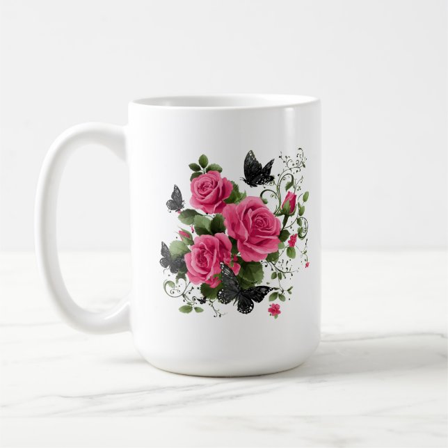 Rosor och fjärilar, färgrik design, kaffemugg (Vänster)