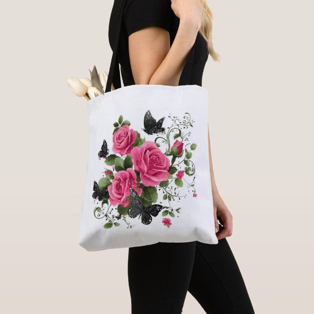 Rosor och fjärilar, Färgrik design, Tygkasse (Närbild)