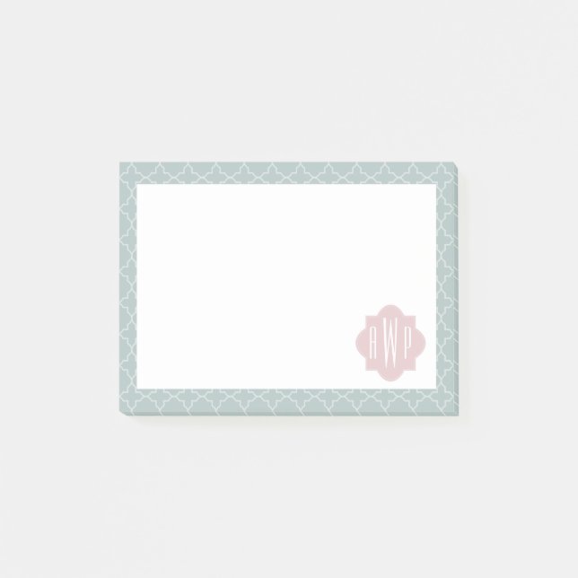 Rosor och grön Quatrefoil Monogram Post-it Block (Framsida)