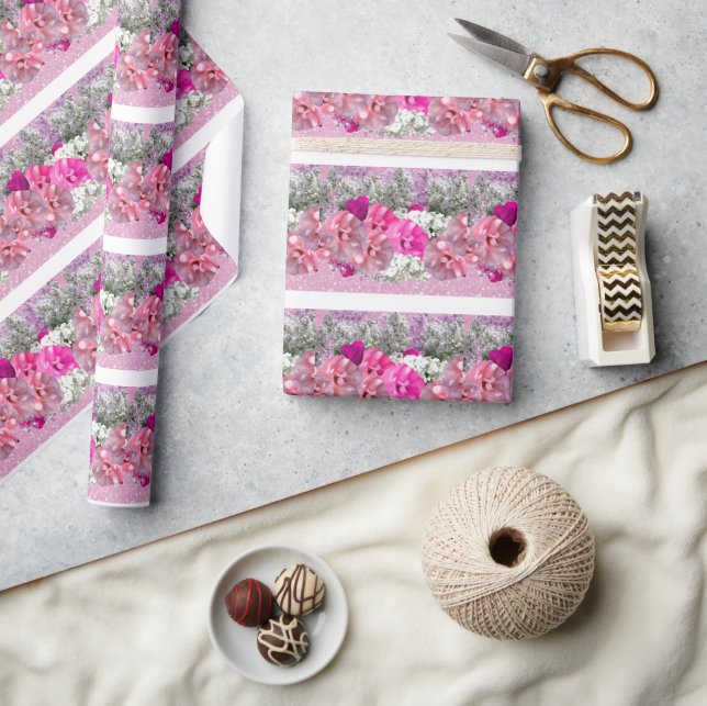Rosor och rosa falskt glitterinslagspapper presentpapper (Hantverk)