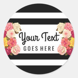 Rosor på modern svart-vitrandig chic florist runt klistermärke