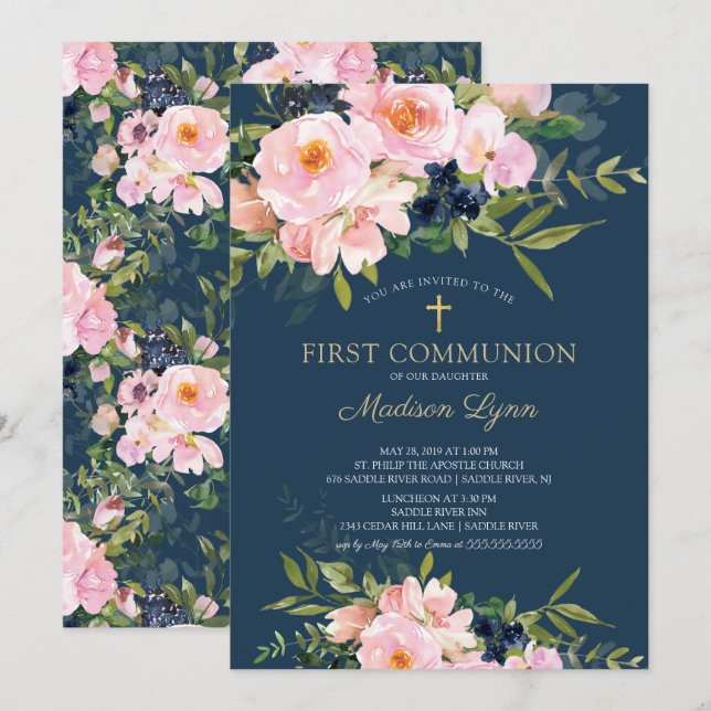  Rosor & Peonies First Communice Inbjudningar (Fram/baksida)