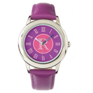 Rosor purpurfärgad grafisk monogramflickaklocka armbandsur