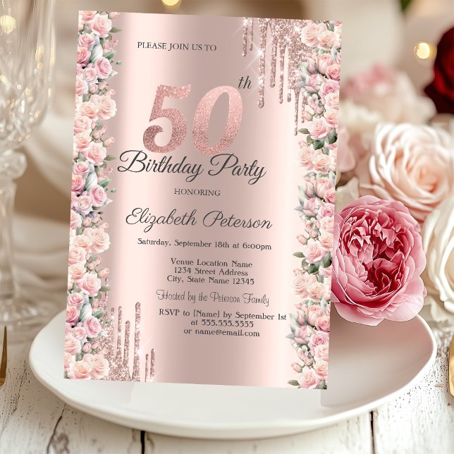Rosor Ram Dripppar Roséguld 50-årsdag Inbjudningar (Skapare uppladdad)