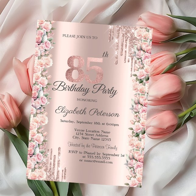 Rosor Ram Dripppar Roséguld 85-årsdag Inbjudningar (Skapare uppladdad)