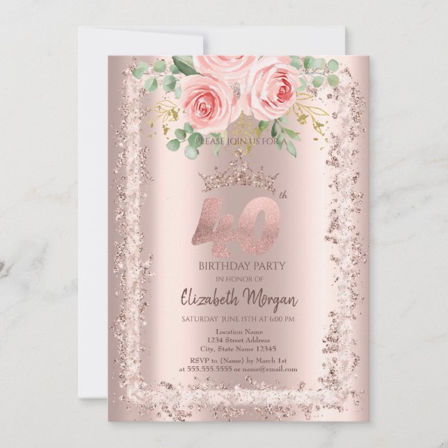 Rosor, Ramkrona i roséguld glitter 40-årsdag Inbjudningar (Framsida)