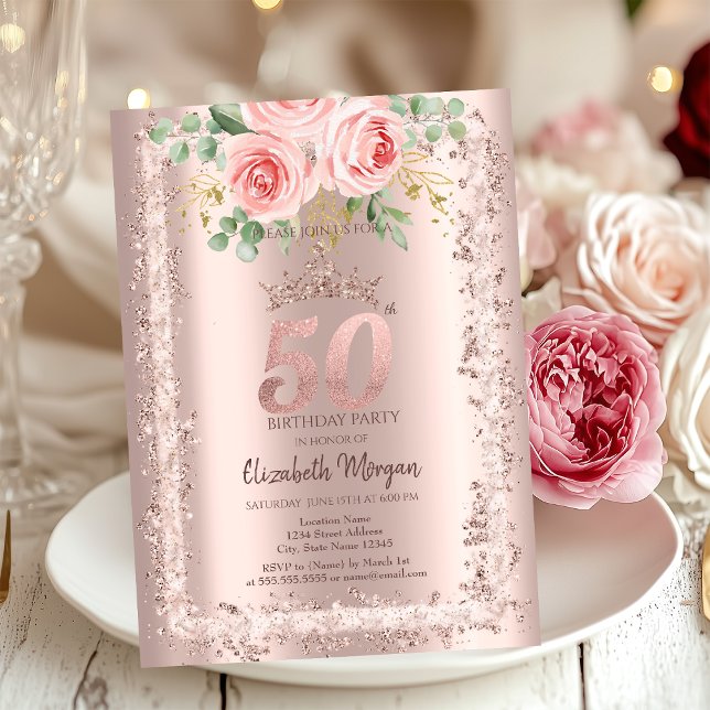 Rosor, Ramkrona i roséguld glitter 50-årsdag Inbjudningar (Skapare uppladdad)