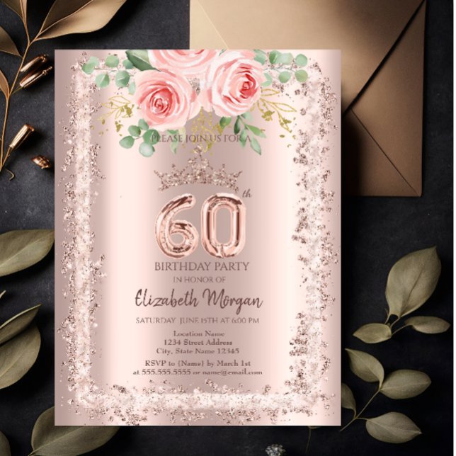 Rosor, Ramkrona i roséguld glitter 60-årsdag Inbjudningar (Skapare uppladdad)