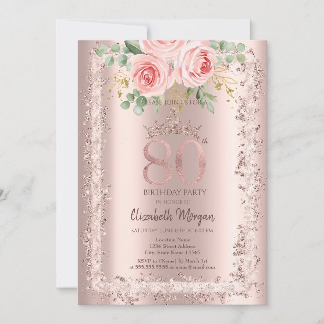 Rosor, Ramkrona i roséguld glitter 80-årsdag Inbjudningar (Framsida)