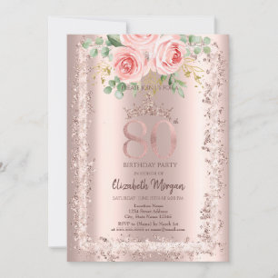 Rosor, Ramkrona i roséguld glitter 80-årsdag Inbjudningar