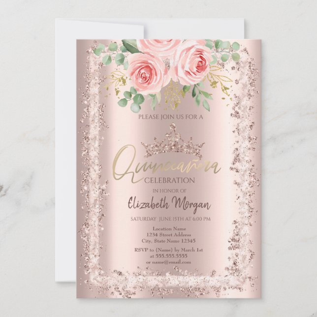 Rosor, Rosa Guld Glitter Ram Kron Quinceañera    Inbjudningar (Framsida)