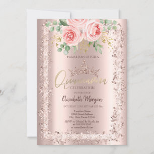 Rosor, Rosa Guld Glitter Ram Kron Quinceañera Inbjudningar