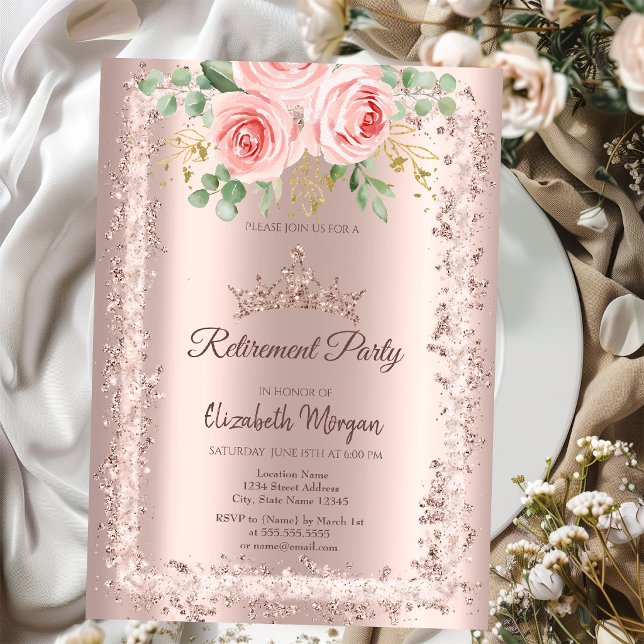 Rosor, Rosa Guld Glitter Ram Krona Pensionering Inbjudningar (Skapare uppladdad)