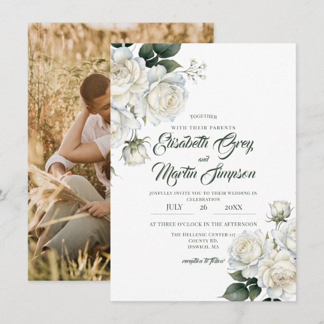 Rosor Sage Elegant Blommig Bröllop Inbjudningar (Fram/baksida)