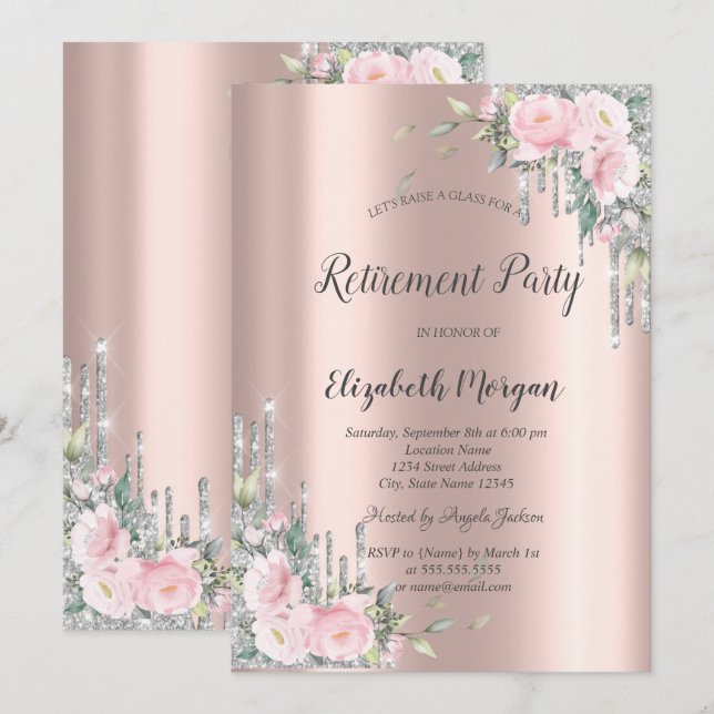 Rosor, Silver Glitter Drips Rose Guld Pensionering Inbjudningar (Fram/baksida)