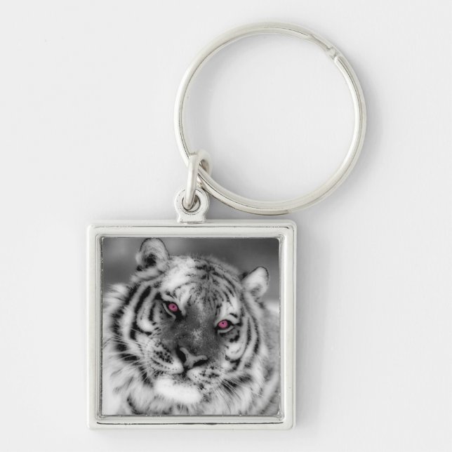 Rosor synad tiger fyrkantig silverfärgad nyckelring (Framsidan)