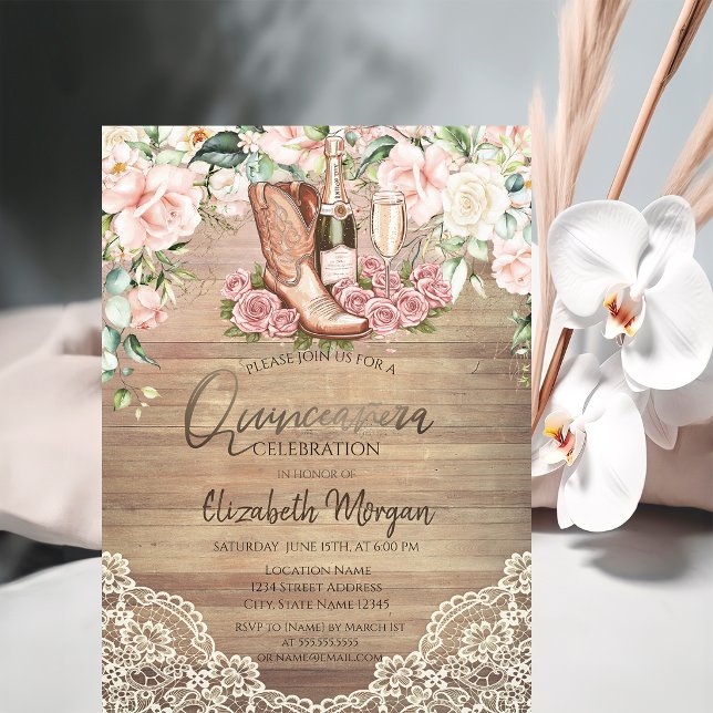Rosor Vin Stövlar Spets Quinceanera Inbjudningar (Skapare uppladdad)