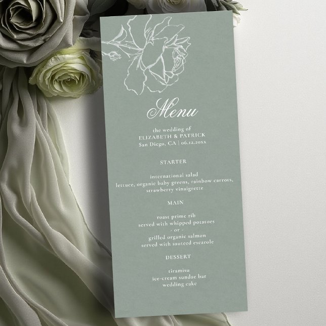 Rosornas Löfte Sagegrön Modern Klassisk Formell Br Meny (sage green wedding theme menu card modern classic white roses floral frame formal traditional)