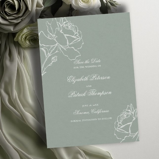 Rosornas Löfte Sagegrön Modern Klassisk Formell Br Spara Datumet (sage green wedding theme save the date modern classic white roses floral frame formal traditional)