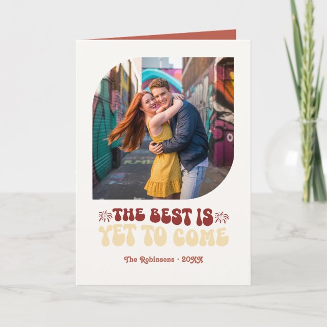 Rosso & Cream Champagne Retro Nyårsfoto Helgkort (Framsida)