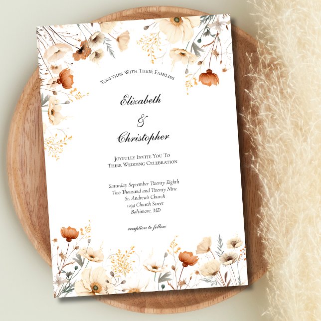 Rost Beige Boho Vilda Blommor Botanisk Bröllop Inbjudningar (Boho Neutral Beige Rust Terracotta Wildflowers Wedding Invitation)