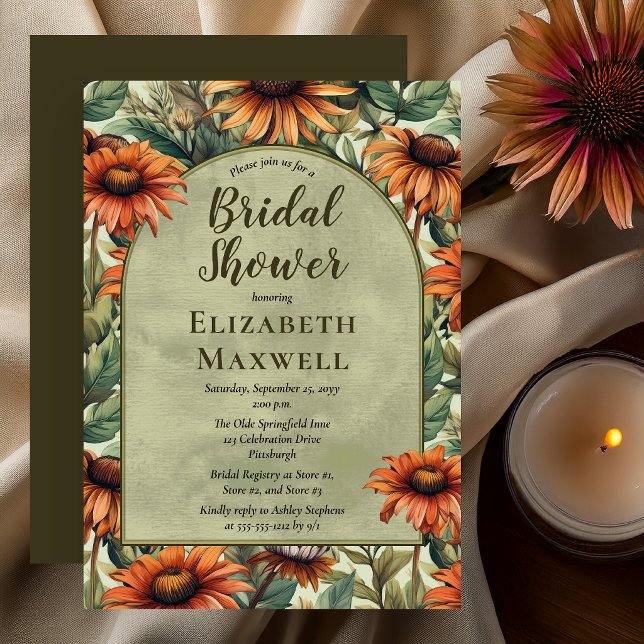 Rost Blommig Botanisk Valvbåge Bröllopsdusch Inbjudningar (Rust floral bridal shower invitation with botanical arch and autumn garden style)