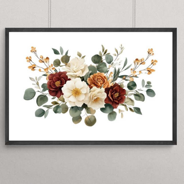 Rost Burgundy Terrakotta Kräm Färg Blommor Botanis Poster (Burgundy Rust Cream Floral with Eucalyptus Wall Art)
