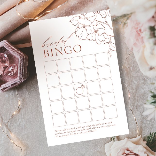 Rost elegant blomsterbröllops-bingospel för brudtä (Rust elegant floral bridal shower bingo game)
