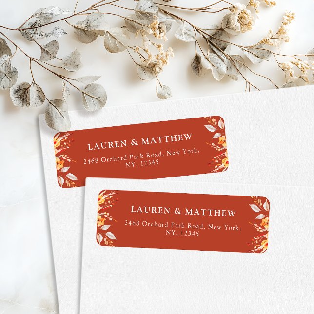 Rost Orange Boho Blommig Bröllopsreturadress Returadress Etikett (Bold and vibrant to make your envelopes pop.)