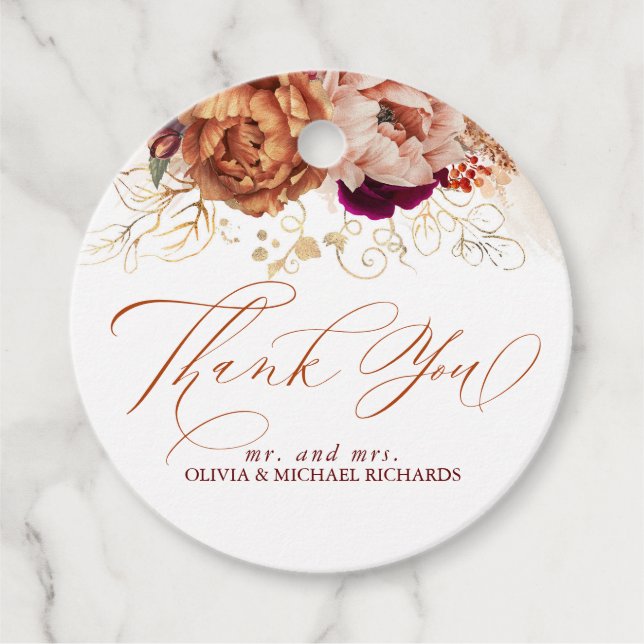 Rost Terrakotta Burgunder Röda Blommor Tack Gåvor Etiketter (Framsida)