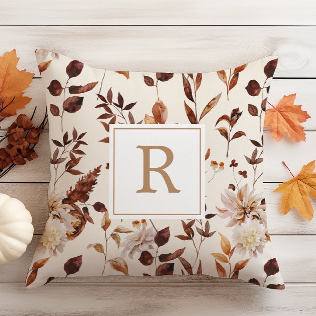 Rost Terrakotta Höstlövsdekoration Monogram Kudde (Rust Terracotta Fall Foliage Decoration Monogram Throw Pillow
)