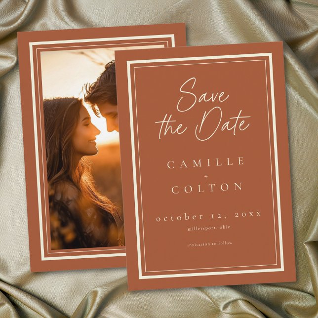 Rost Terrakotta Minimalistisk Ram Bröllopsfoto Spara Datumet (Rust Terracotta Minimalist Frame Wedding Photo Save The Date)