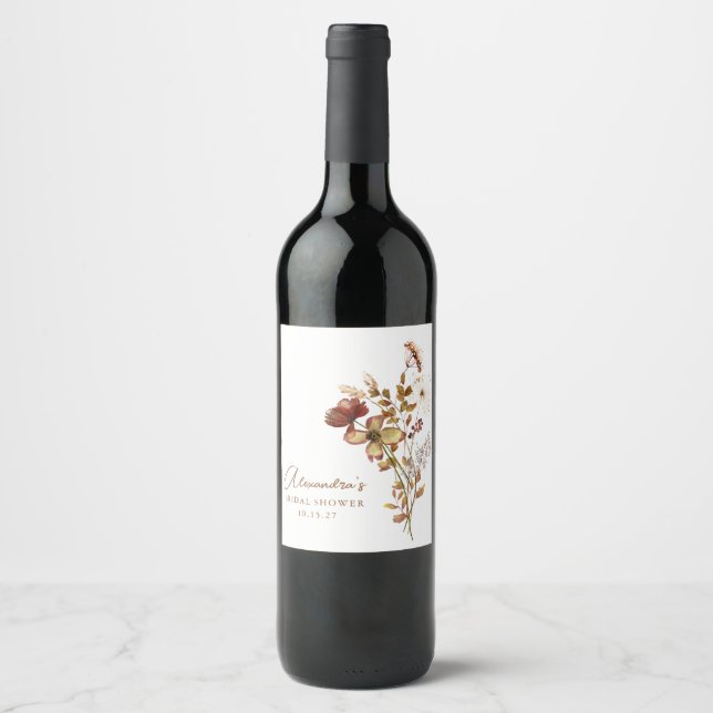 Rost Vildblomma Boho Bröllopsdusch Present Anpassa Vinflaska Etikett (Framsida)