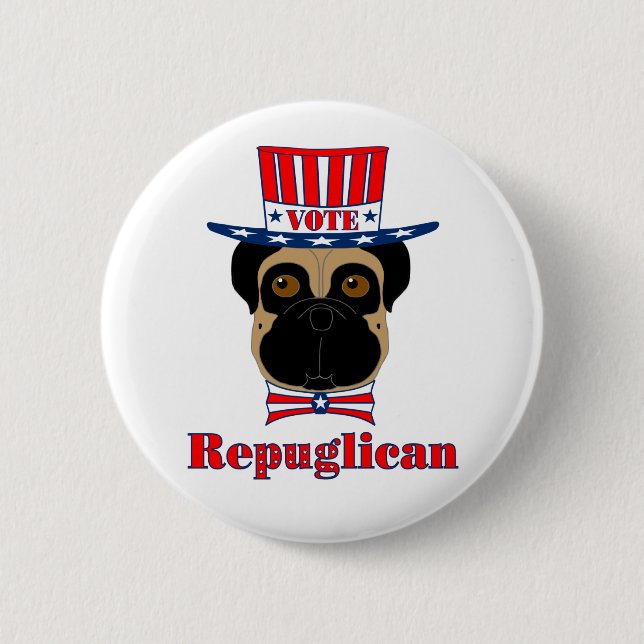 Rösta rePUGlican Funny Pug i Rött vitt blått Hat Knapp (Framsida)