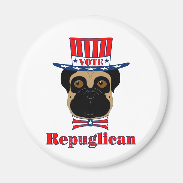 Rösta rePUGlican Funny Pug i Rött vitt blått Hat Magnet (Framsidan)