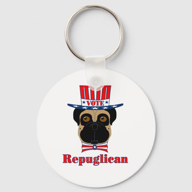 Rösta rePUGlican Funny Pug i Rött vitt blått Hat Nyckelring (Framsida)