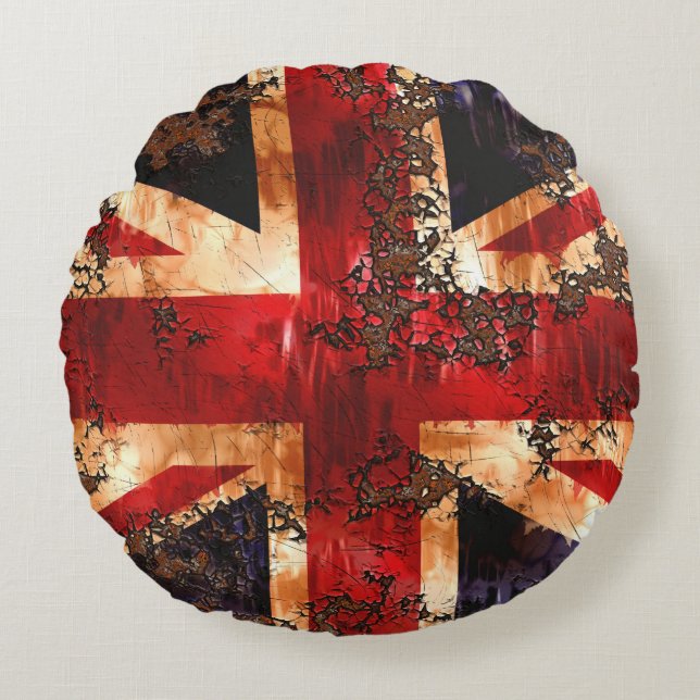Rostad patriotisk Storbritannien-flagga Rund Kudde (Framsidan)