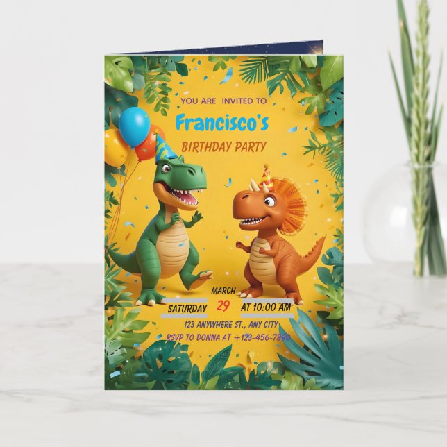 Röstande dinosaurie födelsedagsinbjudan – Jungle K Inbjudan (Framsida)