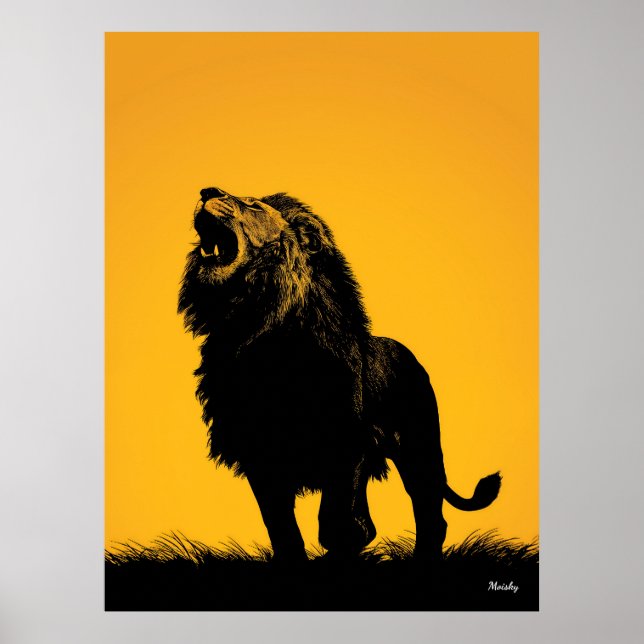 Röstande Lejon Affisch – Svart Silhuett på Gul Bak (Framsidan)