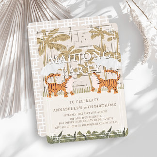 Röstande tigrar Beige Chinoiserie Mahjong Födelsed Inbjudningar