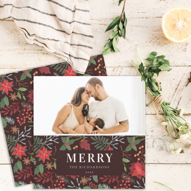 Rostbrun Merry Christmas Blommig Mönster Foto Julkort (Skapare uppladdad)