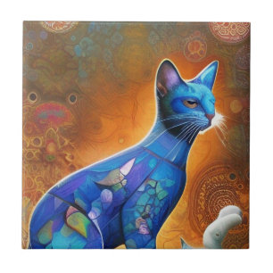 Röster från Cat Blue mosaic abstrakt kattunge Kakelplatta