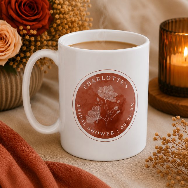 Rostfärgad blommig bröllopsdusch-muggfavor kaffemugg (Cozy bridal shower favor)