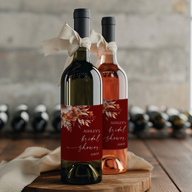 Rostig Burgunder Brun Blommig Bröllopsfest Vinflaska Etikett (Skapare uppladdad)