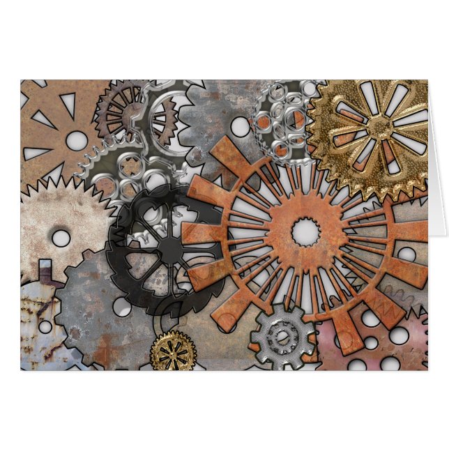ROSTIG STEAMPUNK UTRUSTAR HÄLSNINGSKORT (Framsidan Horizontal)