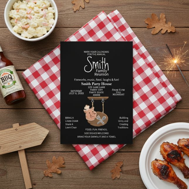 Rostinbjudan för Family Reunion Gris Inbjudningar (Family Reunion Pig Roast Invitation)
