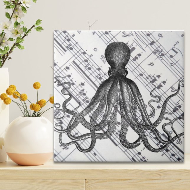 Rostlig marmelk, nutida vintage bläckfisk kakelplatta (rustic steampunk nautical modern vintage octopus ceramic tile)